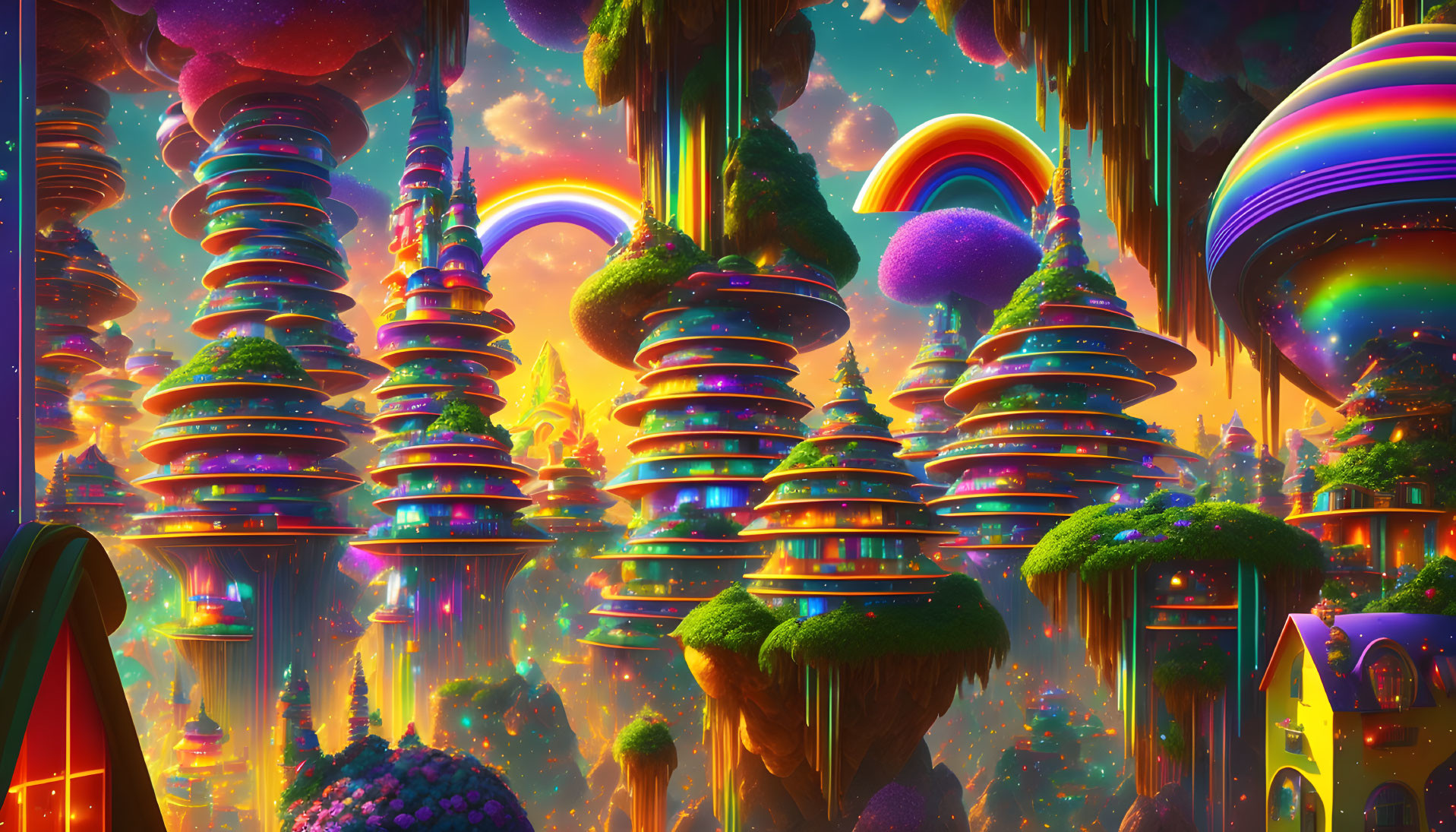 Fantastical cityscape with floating islands and futuristic towers