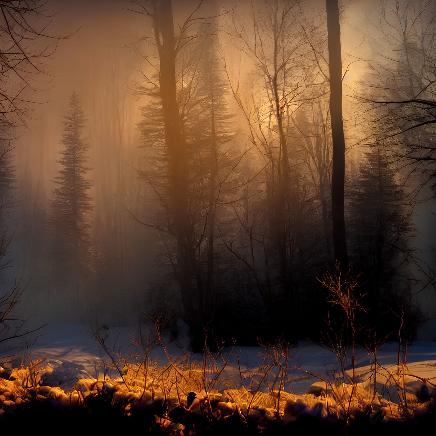 Snow-covered forest at dusk with mist and sunlight filtering through trees