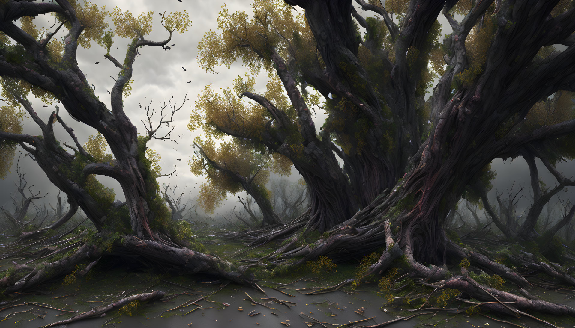 Eerie swamp landscape with twisted trees and misty atmosphere