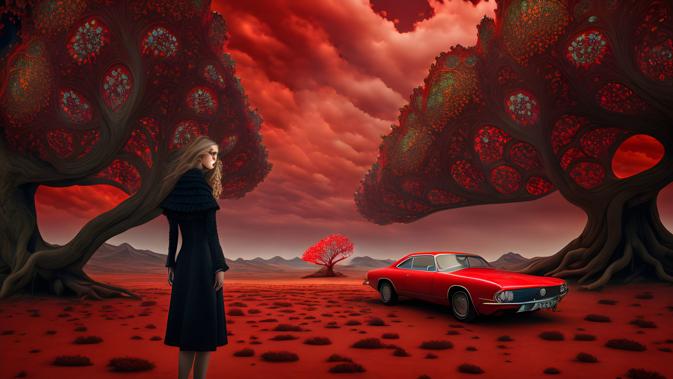 Woman in surreal red landscape with ornate trees and classic car under cloudy sky