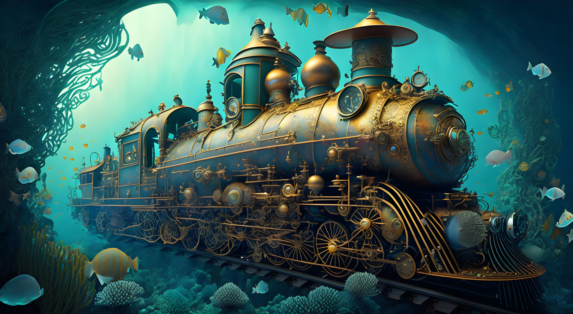 Steampunk-style train submerged underwater with coral and fish in blue-green light