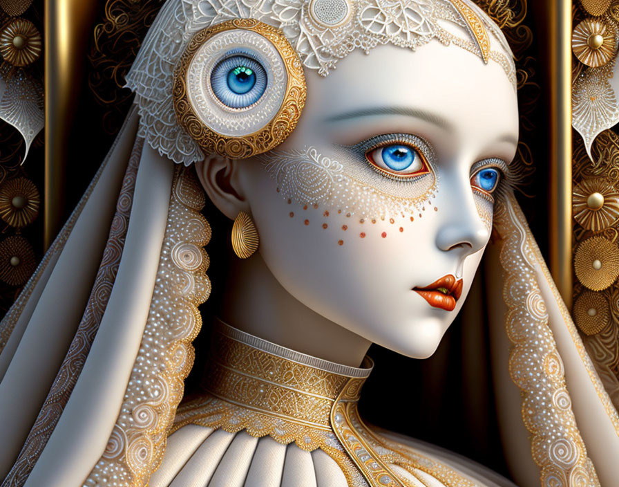 Digital artwork: Female figure with blue eye and lace headdress on golden background