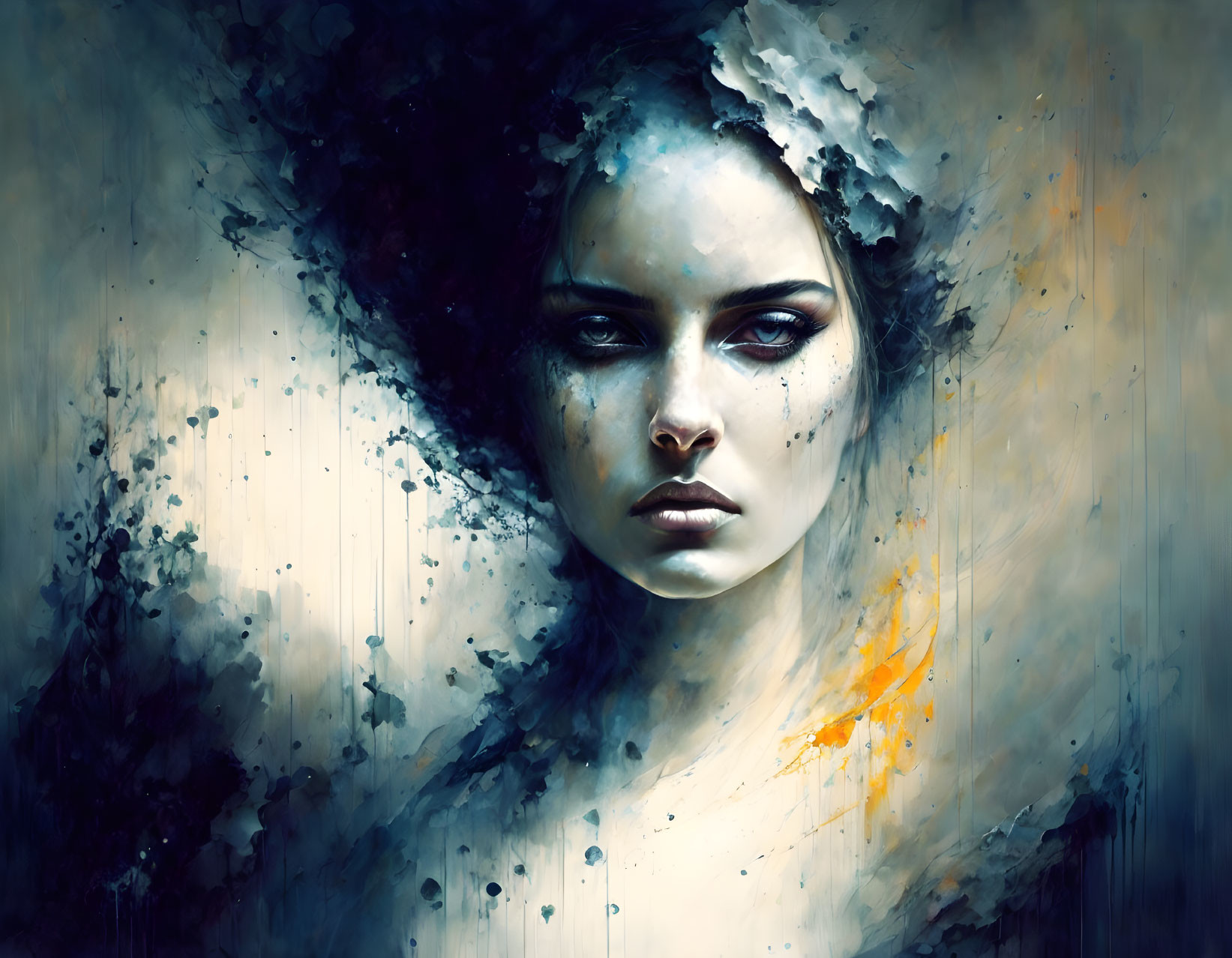 Abstract Woman's Face Artwork with Splattered Elements in Cool Tones