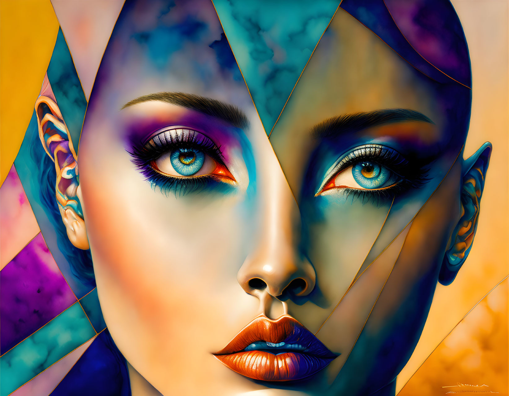 Colorful digital portrait of a woman with striking blue eyes and geometric pattern overlay