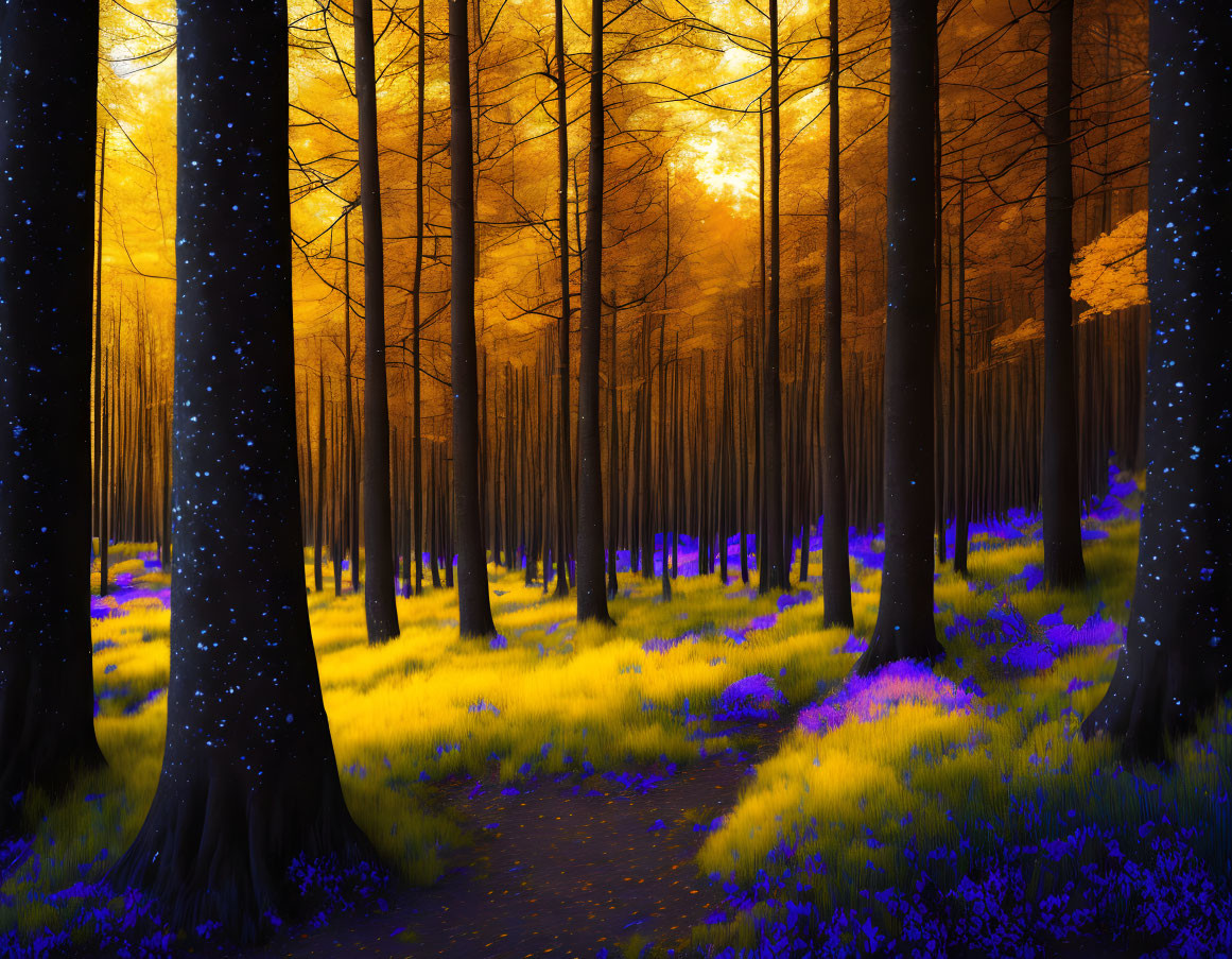 Autumnal forest with orange leaves, blue wildflowers, and magical light spots