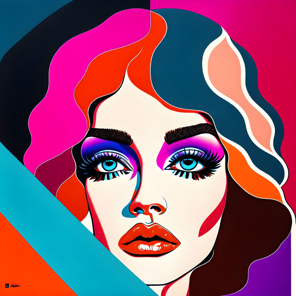 Colorful Pop Art Portrait of Woman with Striking Blue Eyes