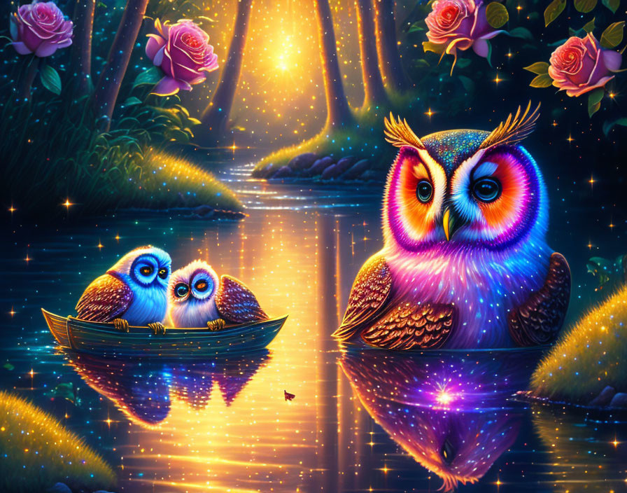 Colorful Animated Owls in Boat on Starry River with Glowing Flowers