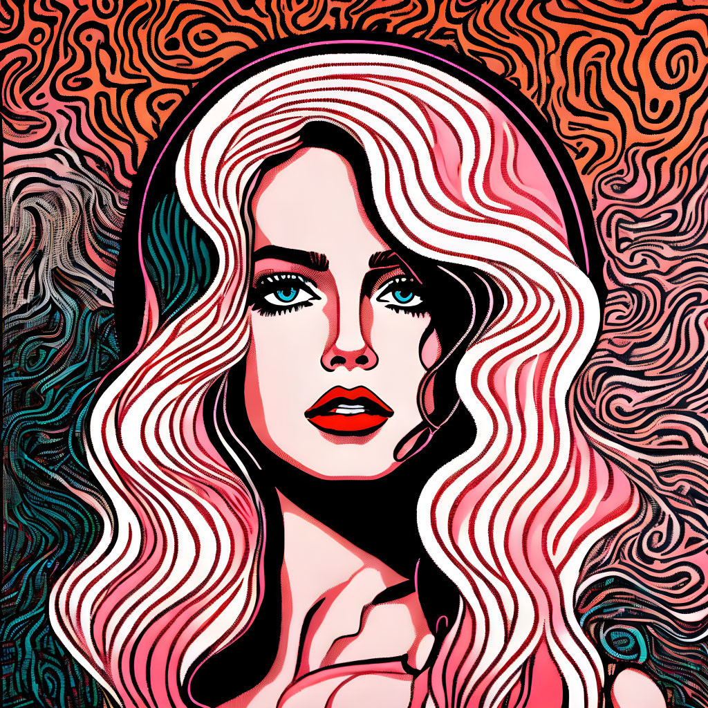 Colorful Illustration: Woman with Flowing Hair on Abstract Background