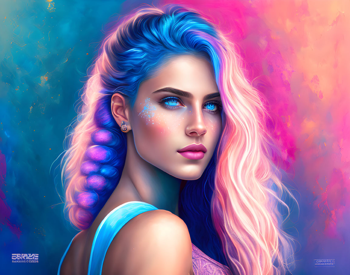 Digital Artwork: Woman with Blue Eyes & Two-Tone Hair