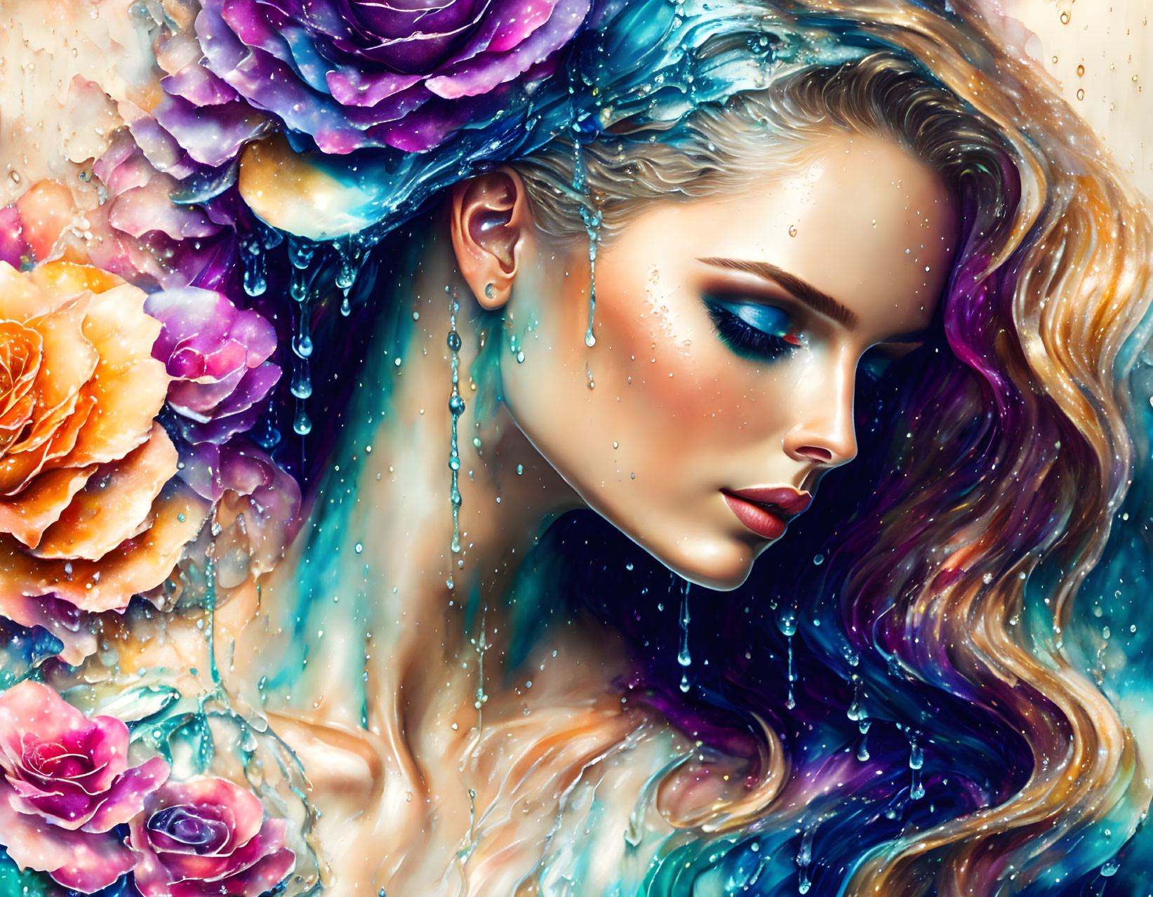 Vibrant portrait of a woman with floral hair and water droplets