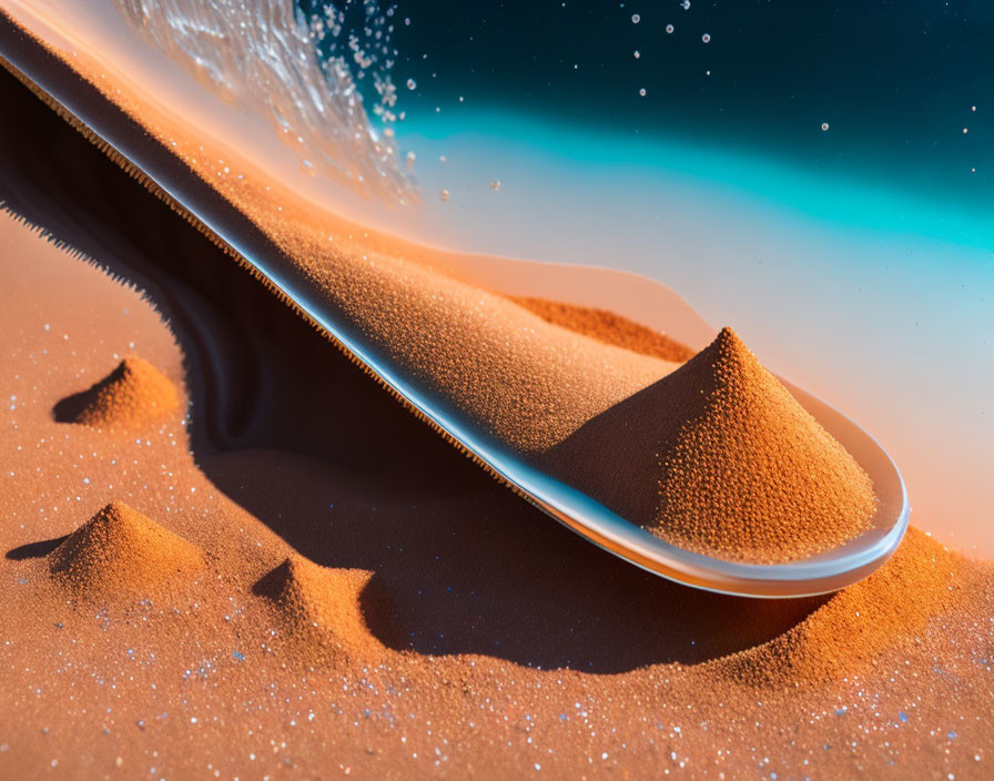 Spoon scooping through desert landscape with sand spillage against turquoise sky