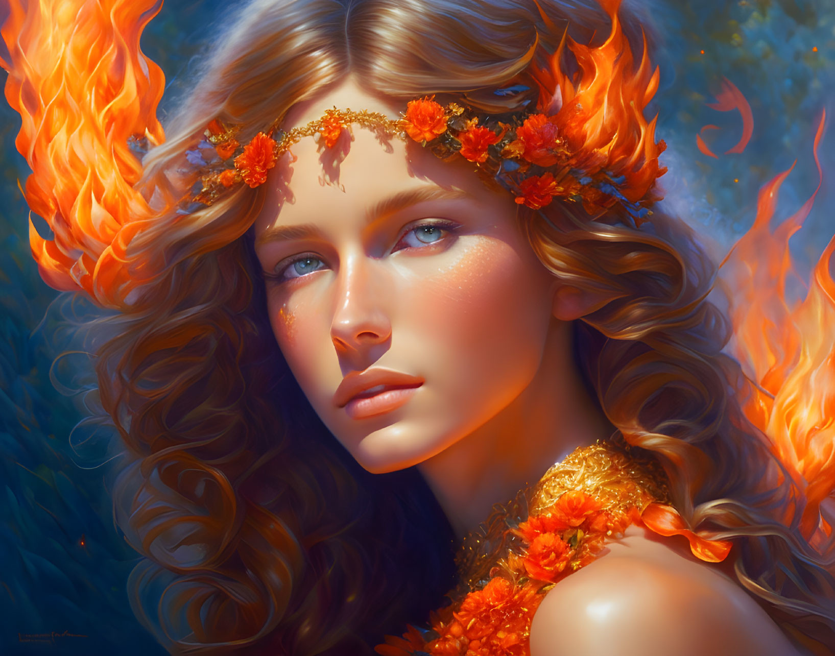 Digital artwork: Woman with fiery orange hair, blue eyes, floral adornments, warm backdrop