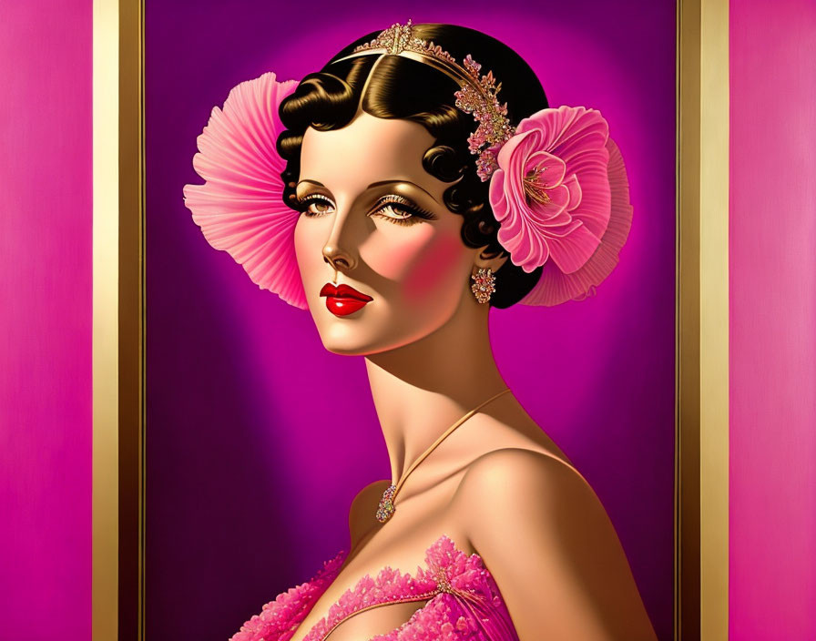 Stylized vintage woman with pink fan-shaped hairstyle on purple and gold background