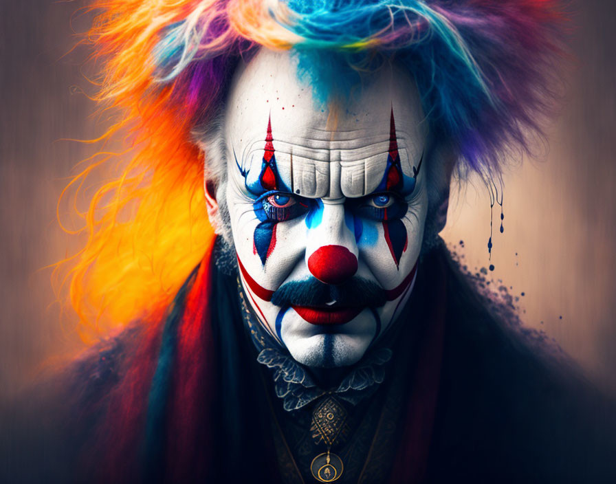 Vivid rainbow hair and clown makeup on person against blurred background