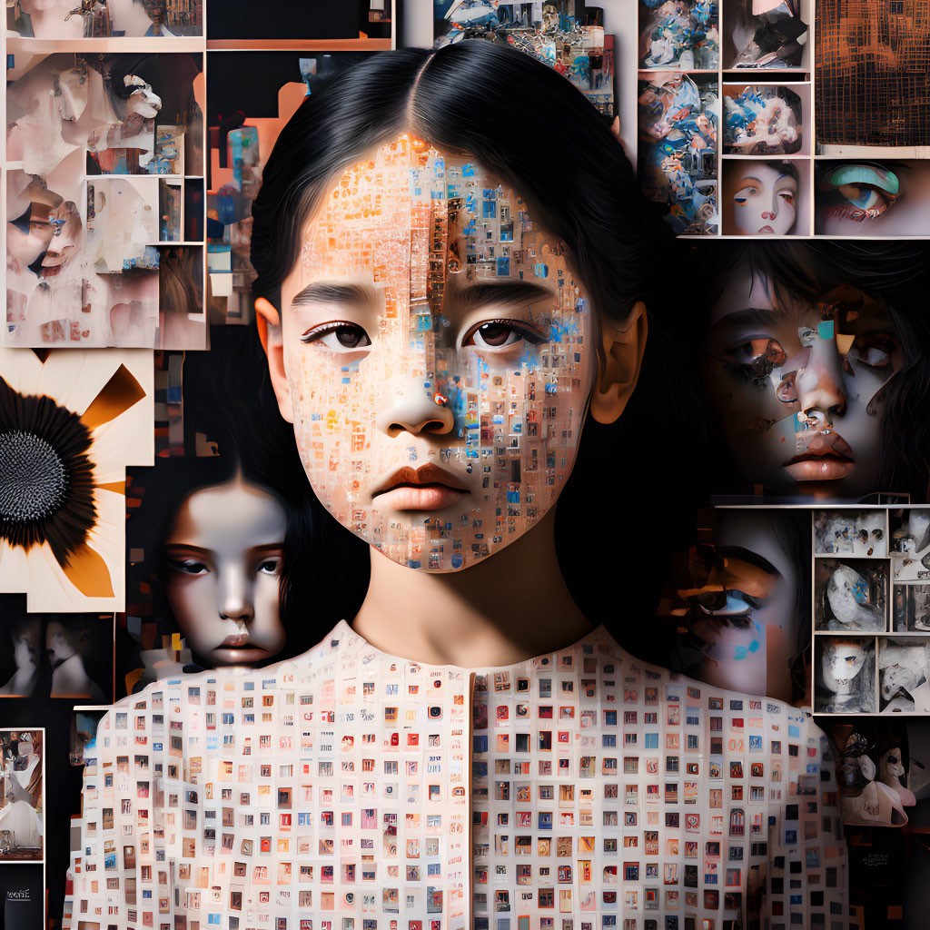 Digital collage of girl with patchwork face and fragments on dark background