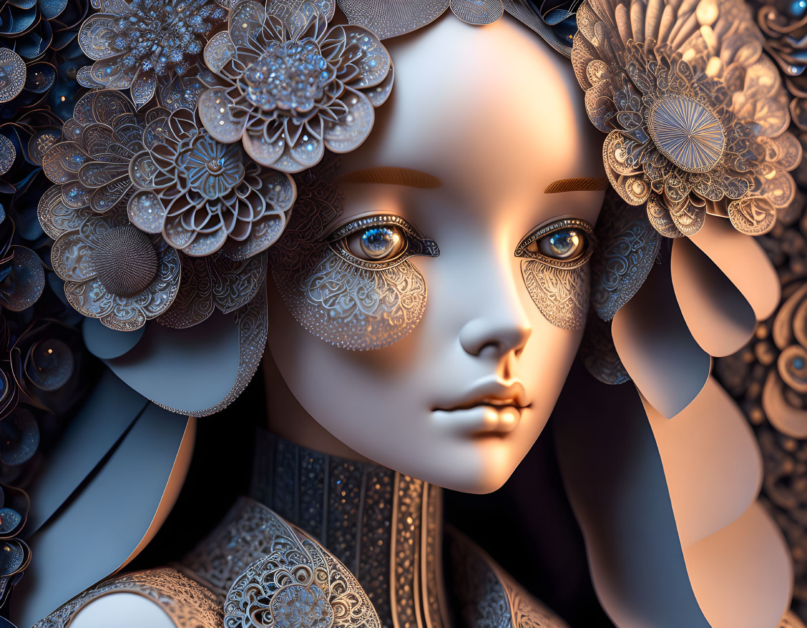 Digital artwork of female figure with porcelain skin and floral metallic adornments