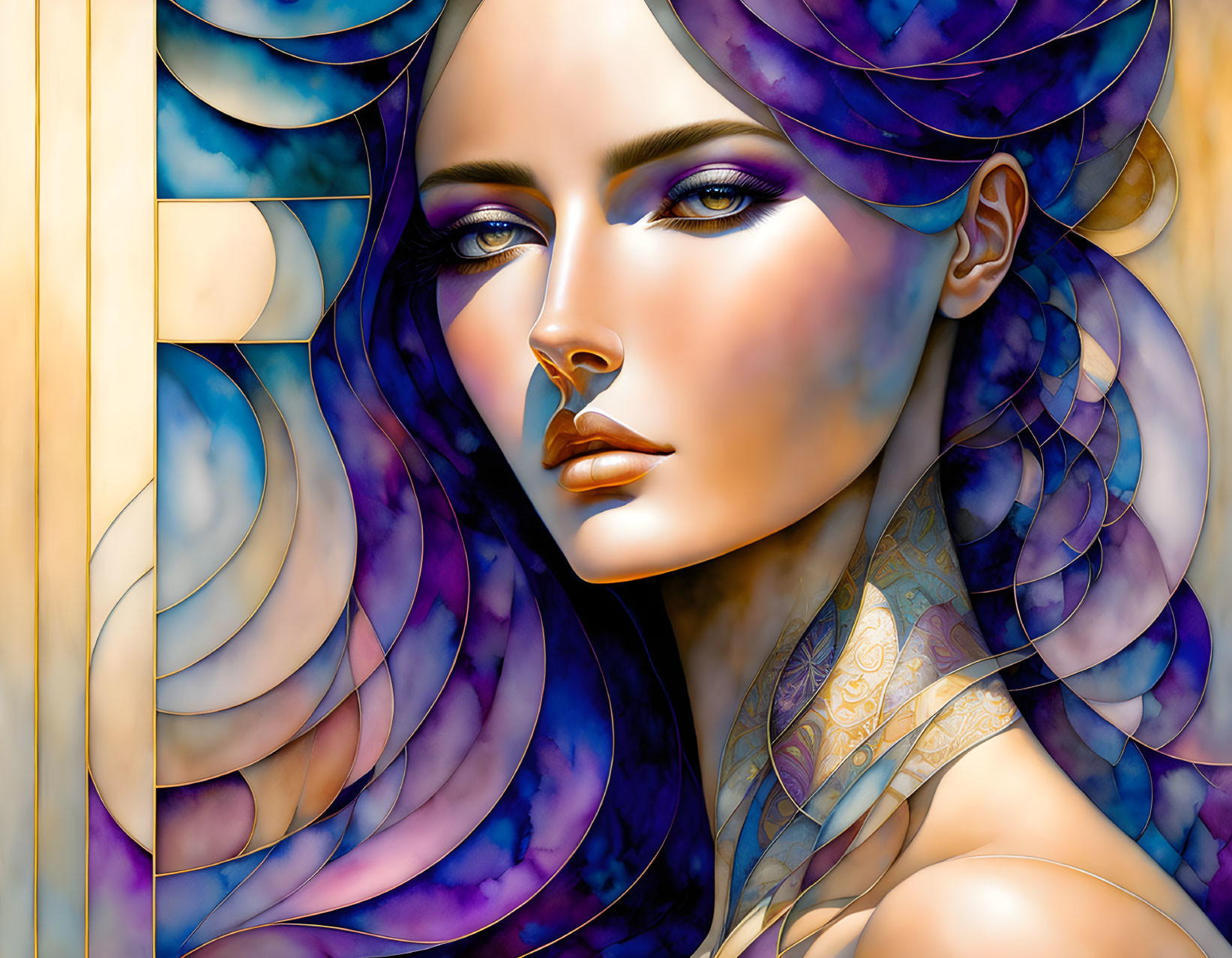 Abstract woman illustration with blue and purple hues and stained glass patterns