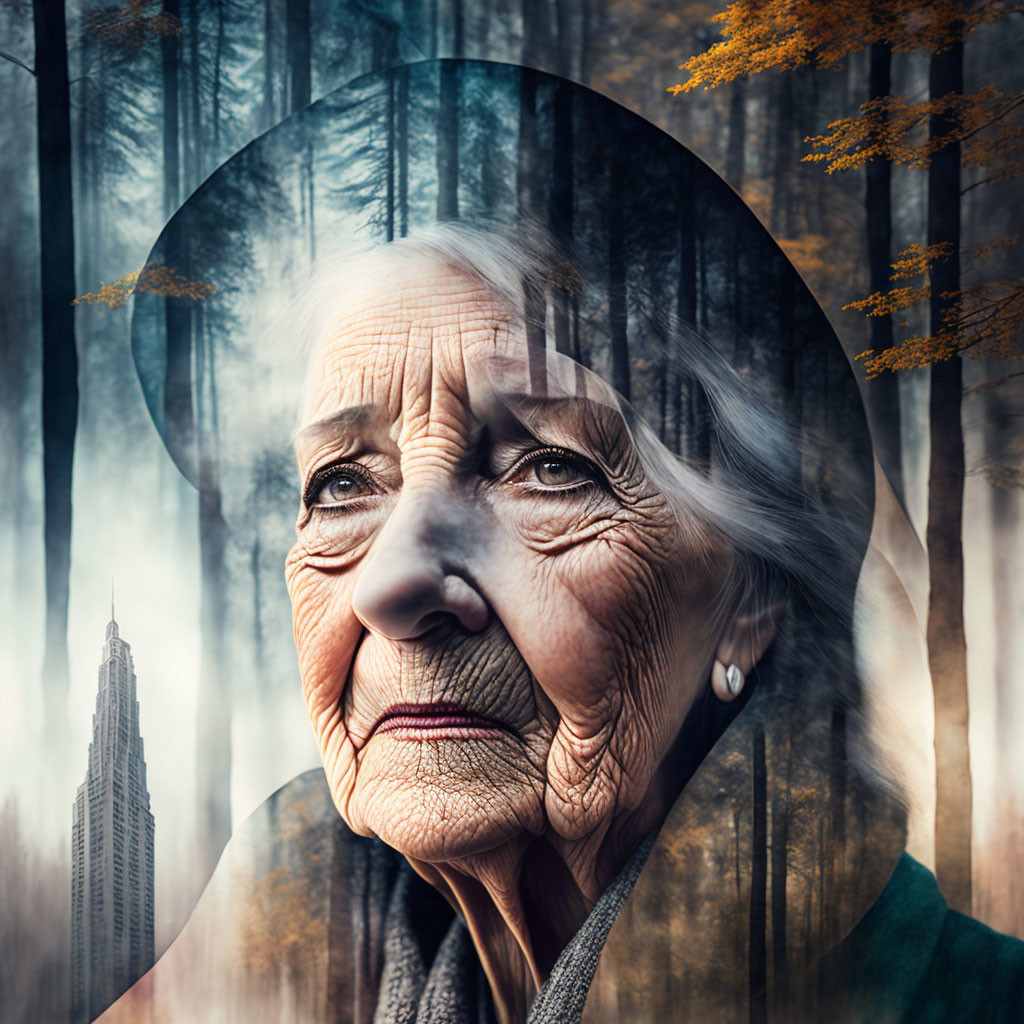 Elderly woman's portrait merged with forest and skyscraper imagery