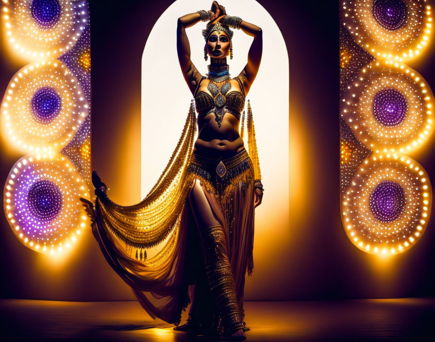 Elaborate Golden Costume Dancer Poses Dramatically