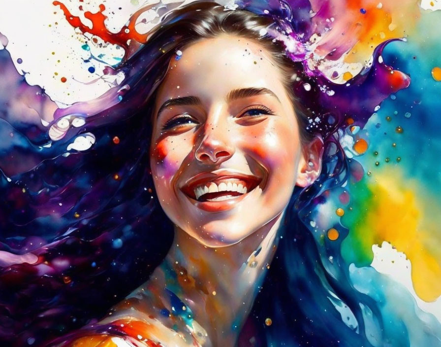 Colorful Digital Art Portrait of Smiling Woman with Paint Splashes