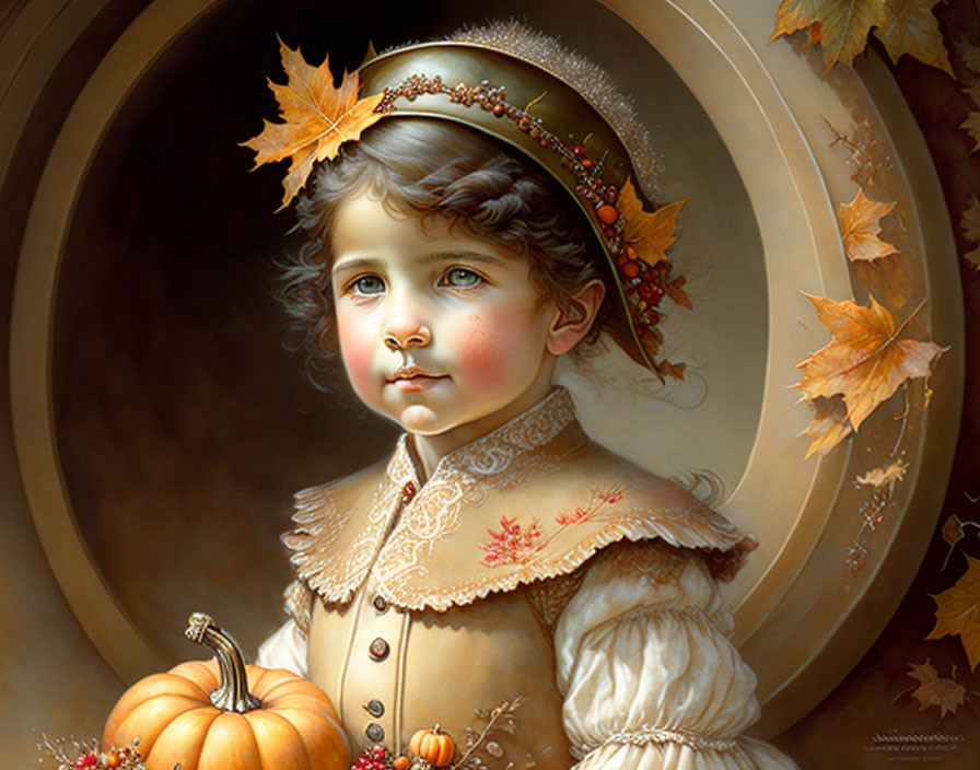 Child portrait with autumn leaves, vintage attire, pumpkin, and muted backdrop.