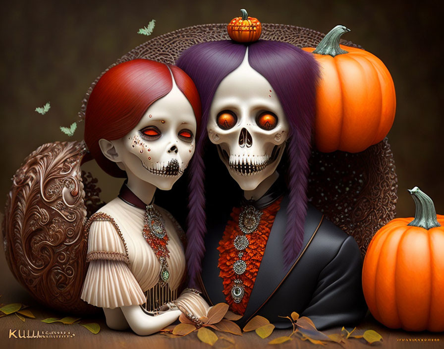 Stylized skull-faced characters in ornate attire with pumpkins, Day of the Dead theme