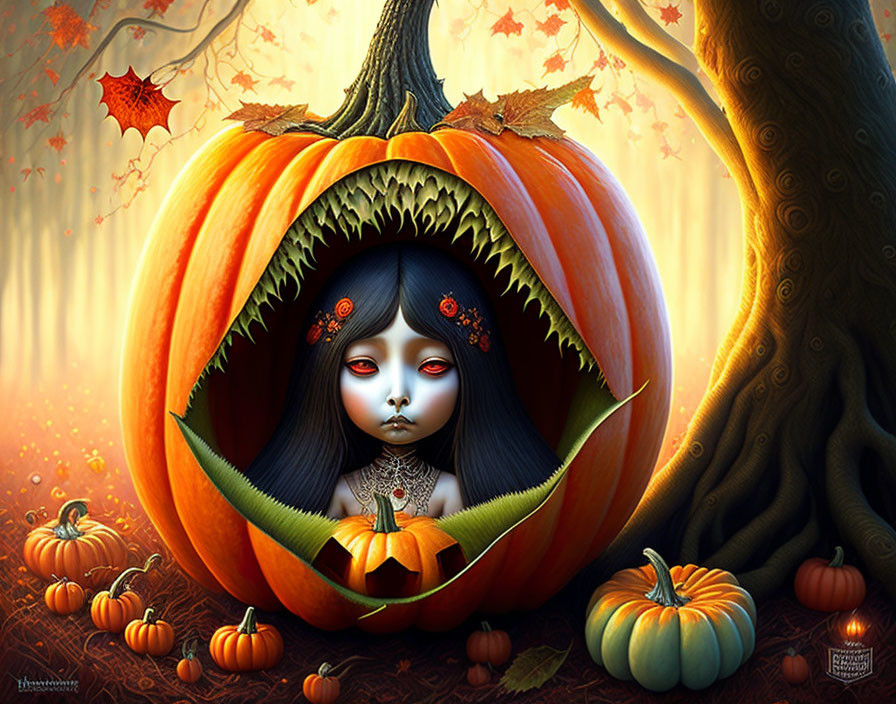 Gothic-style illustration: Girl with dark hair emerges from pumpkin in mystical autumn forest