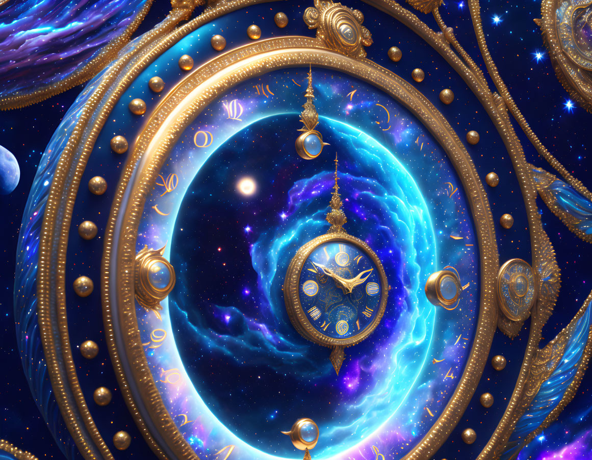 Ornate Cosmic Clock with Zodiac Signs in Swirling Galaxy