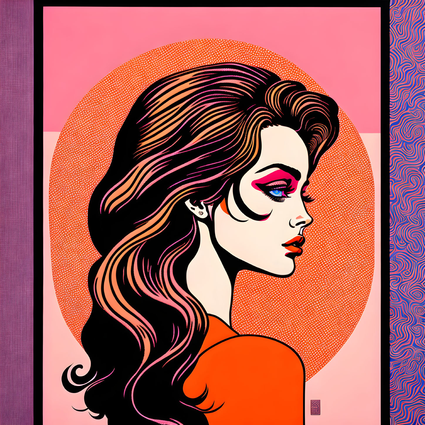 Stylized woman with flowing hair on pink and purple background