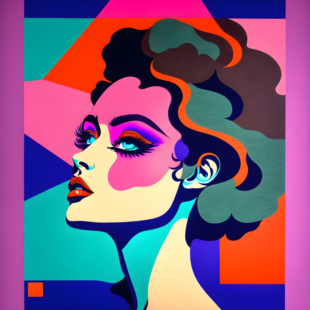 Vibrant pop art woman profile with bold makeup on geometric backdrop