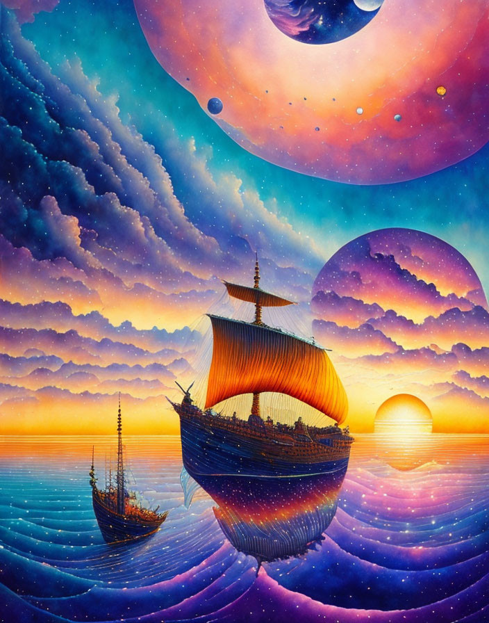 Colorful Painting of Ships Sailing on Cosmic Sea