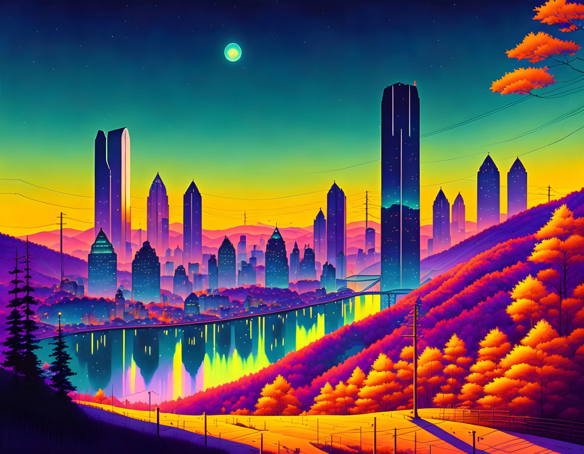 Surreal twilight cityscape with reflective skyscrapers, river, and autumnal trees under green