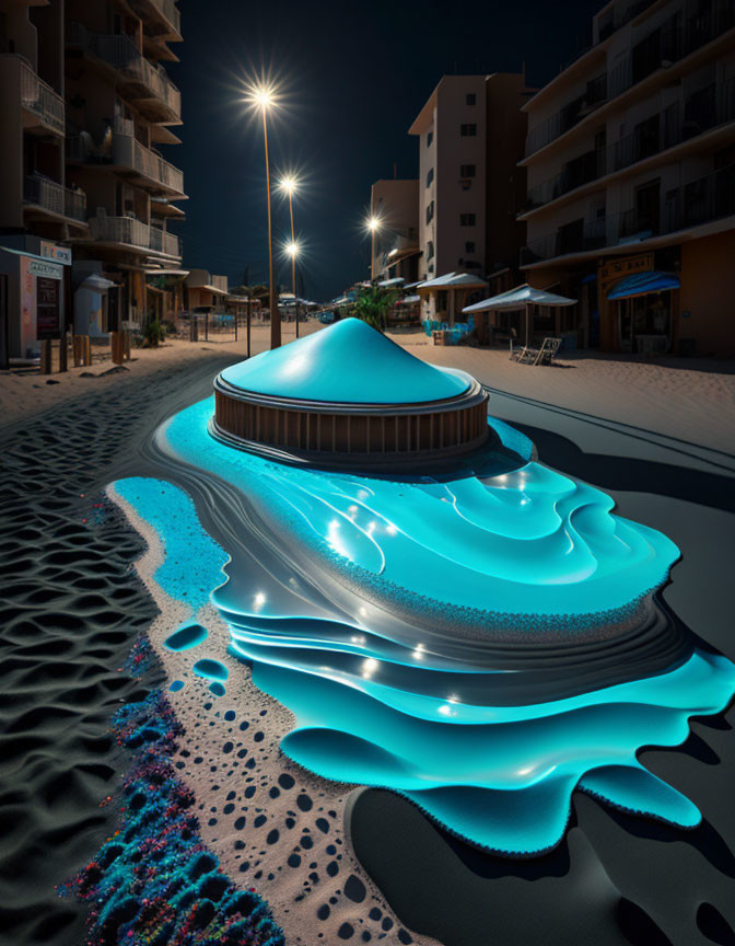 Building melting into blue liquid under night sky with glowing puddles