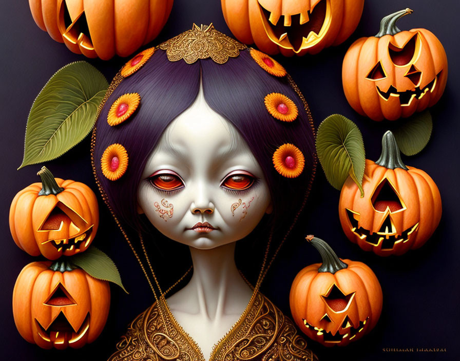 Digital artwork of stylized female figure with violet hair, surrounded by pumpkins and leaves