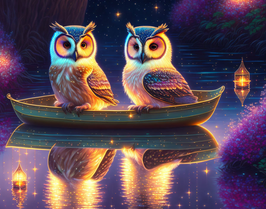 Colorful Owls in Canoe with Glowing Lanterns in Starry Scene