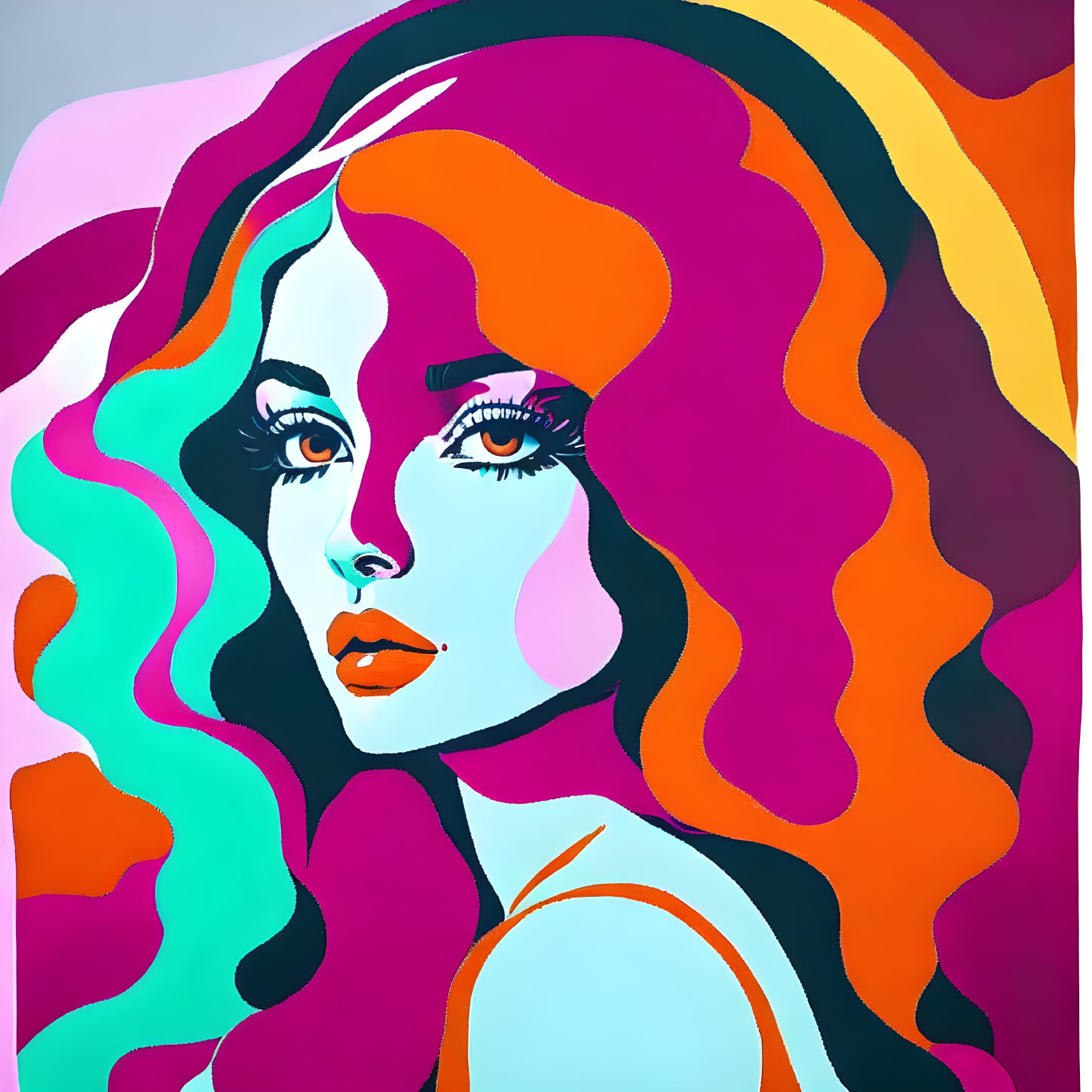 Vibrant stylized portrait of woman with flowing hair