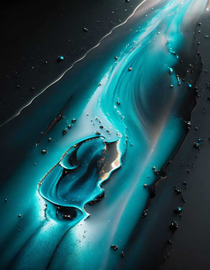 Abstract flowing turquoise substance with dark beads and highlights.