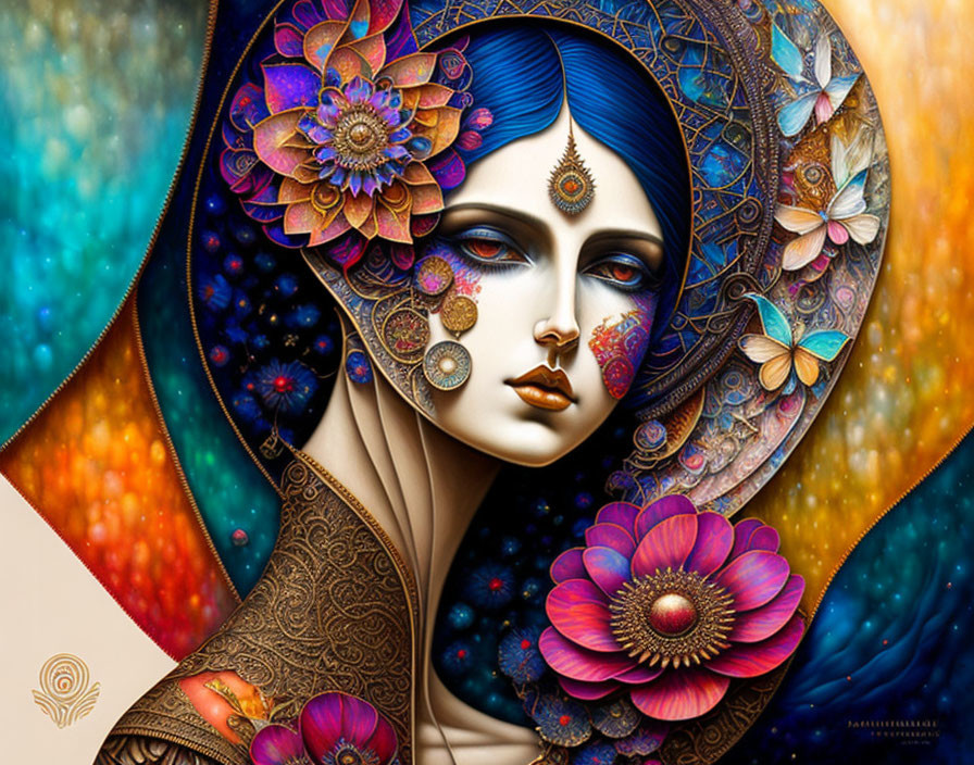 Vibrant artwork of woman with blue skin and floral motifs on cosmic background