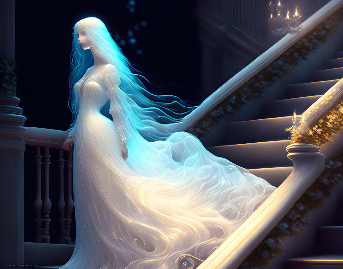 Ethereal woman with long white hair in flowing gown on elegant staircase