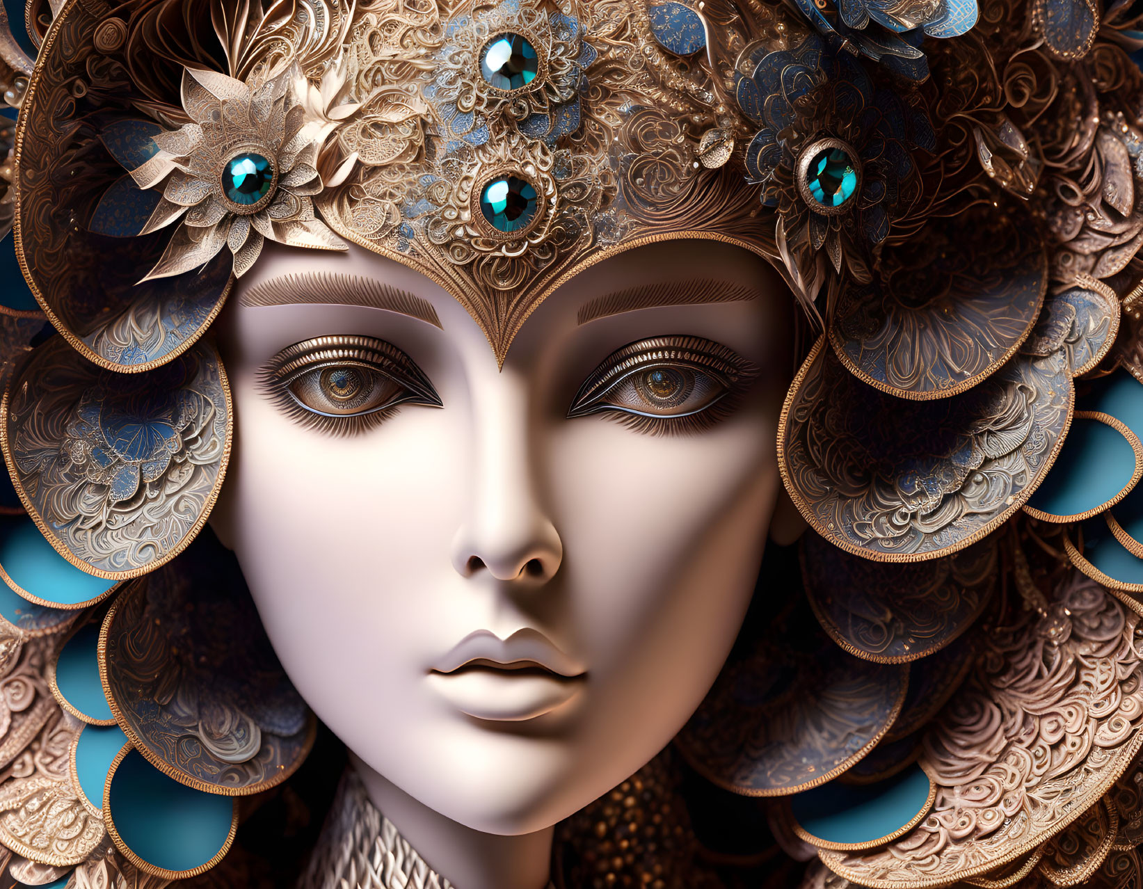 Detailed Metallic Female Face with Ornate Headdress and Blue Gemstones