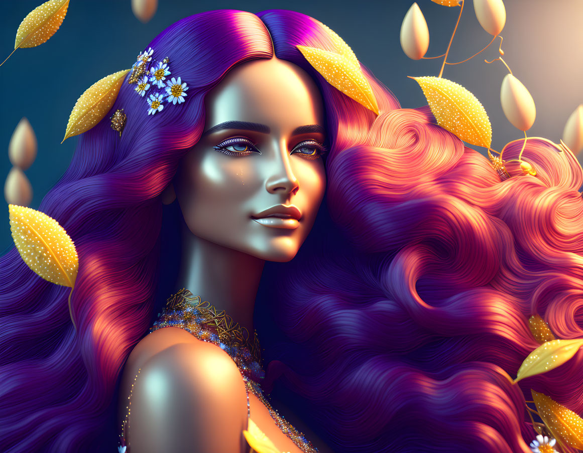 Vibrant purple hair woman with flowers and golden leaves on blue background