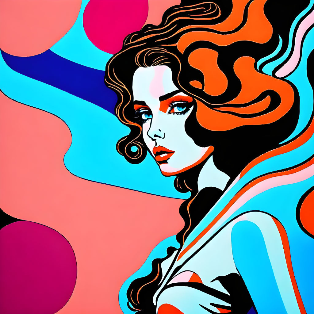 Vibrant Abstract Art: Woman with Flowing Hair in Orange, Blue, and Pink