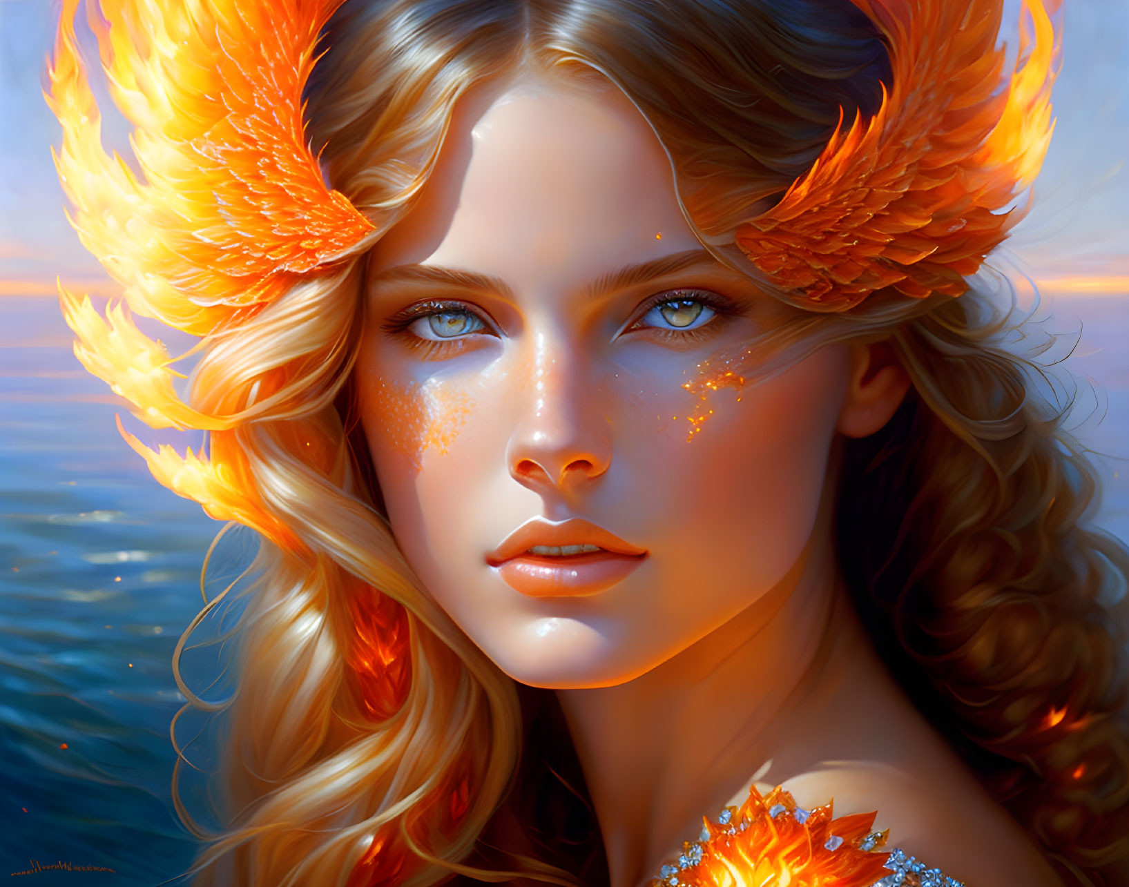 Digital portrait of woman with fiery golden wings and ocean backdrop