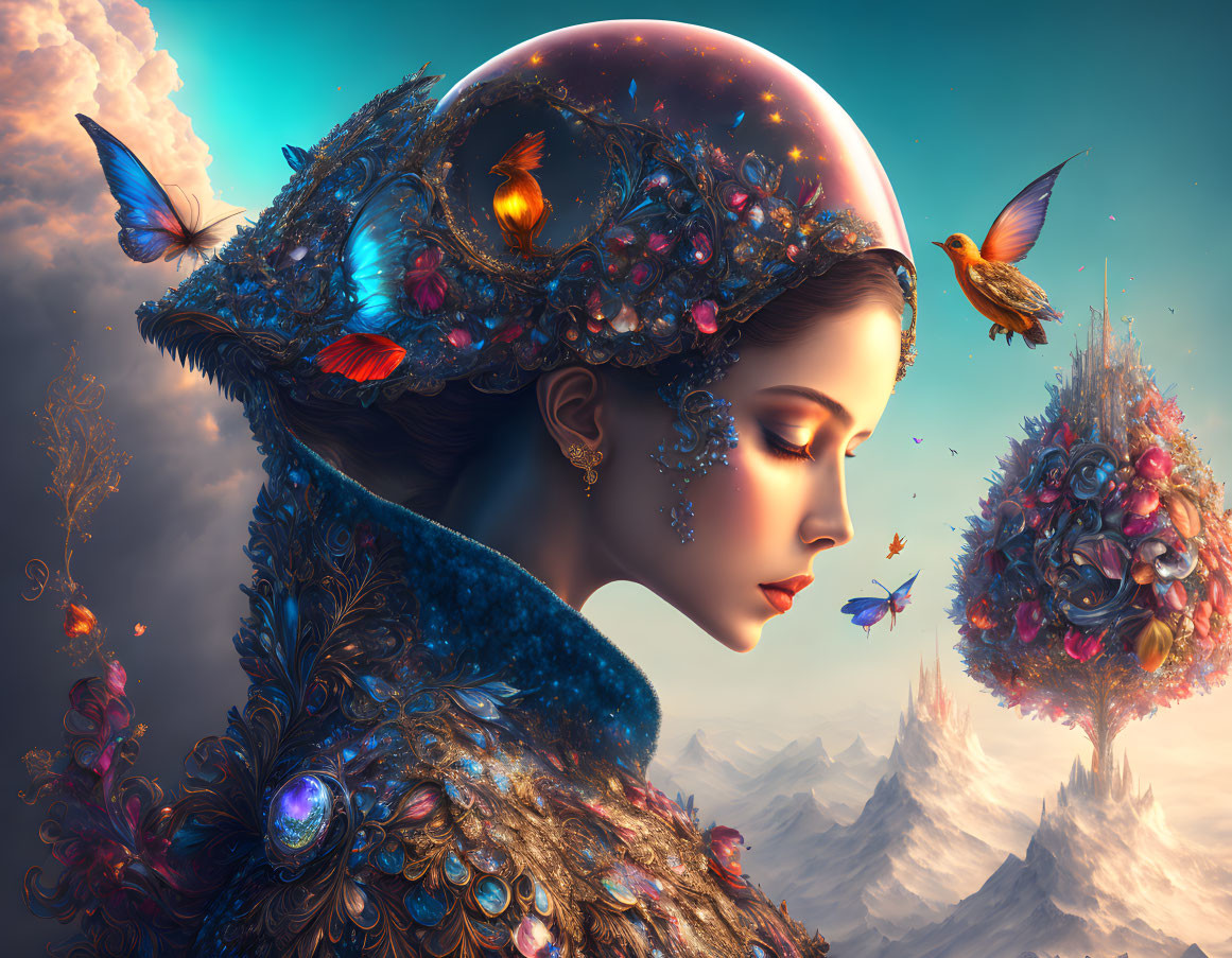 Vibrant cosmic headdress woman portrait with birds and butterflies