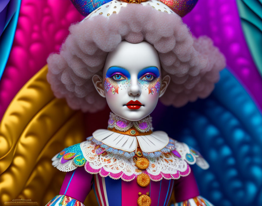 Colorful ornate doll with blue eyes, purple makeup, white wig, and multicolored costume