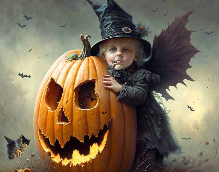 Child in witch costume hugs large carved pumpkin with bat wings and flying bats in twilight.