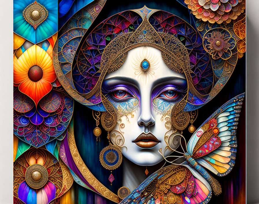 Colorful artwork of stylized woman's face with intricate patterns and mandalas