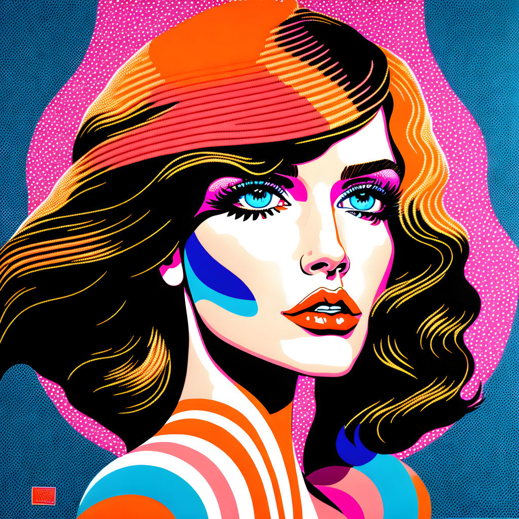 Colorful Pop Art Portrait of Woman with Bold Makeup and Flowing Hair