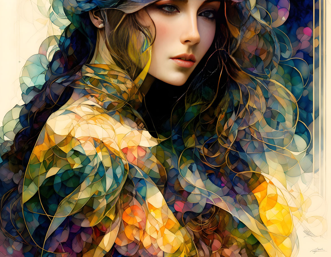 Colorful leaf patterns in woman's portrait create vibrant mosaic effect