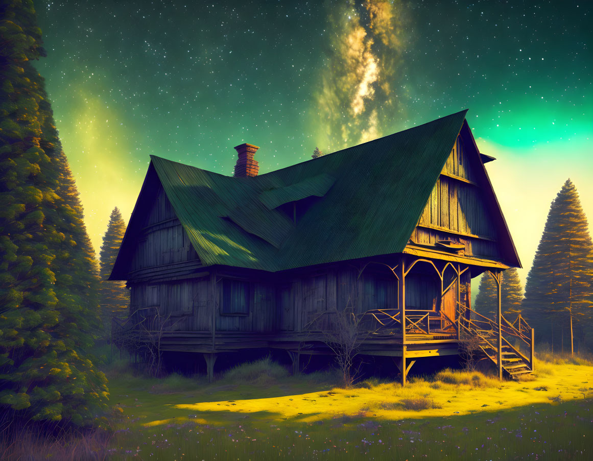 Rustic wooden cabin in forest clearing under starry night sky